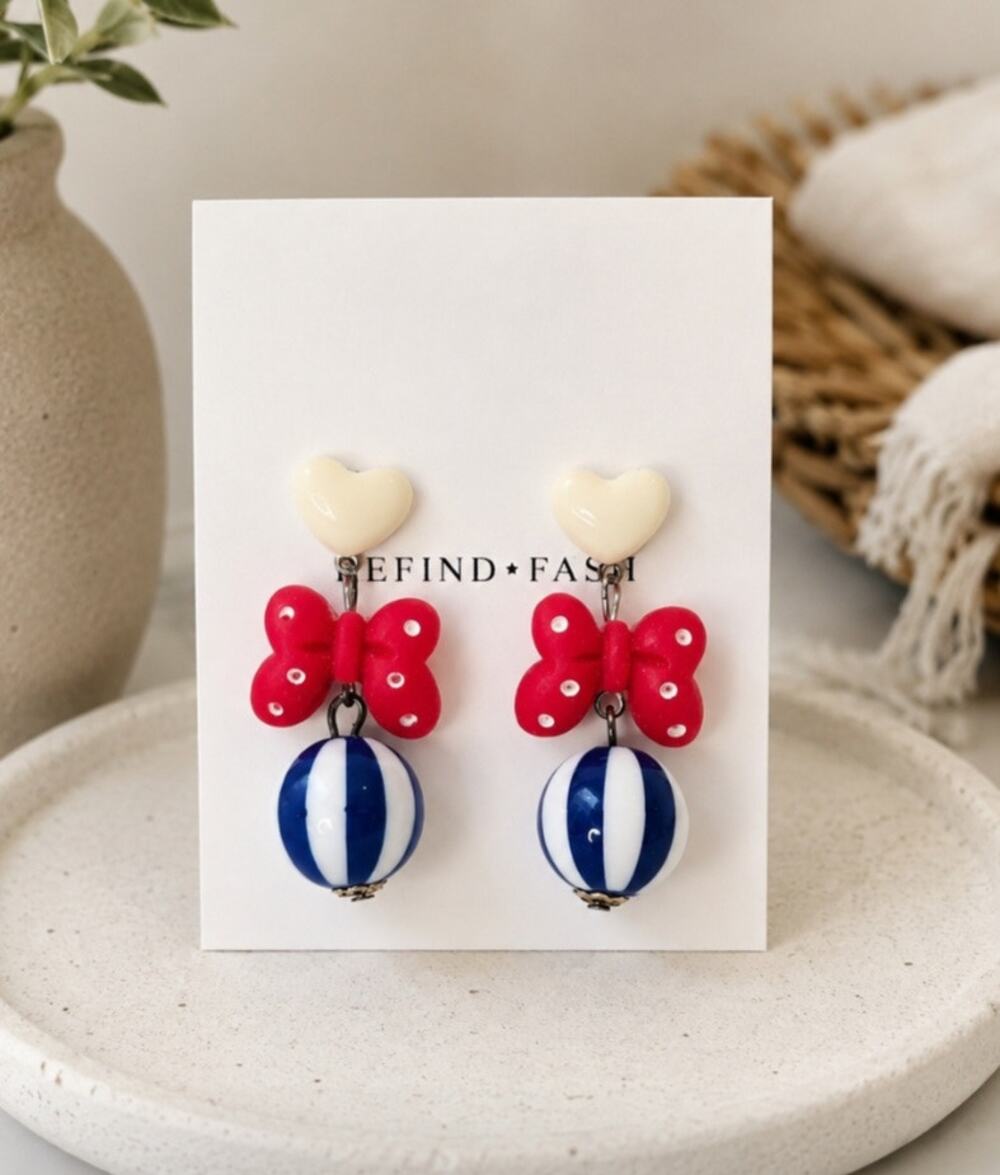 Dopamine Red Bow Blue Ball Earrings New